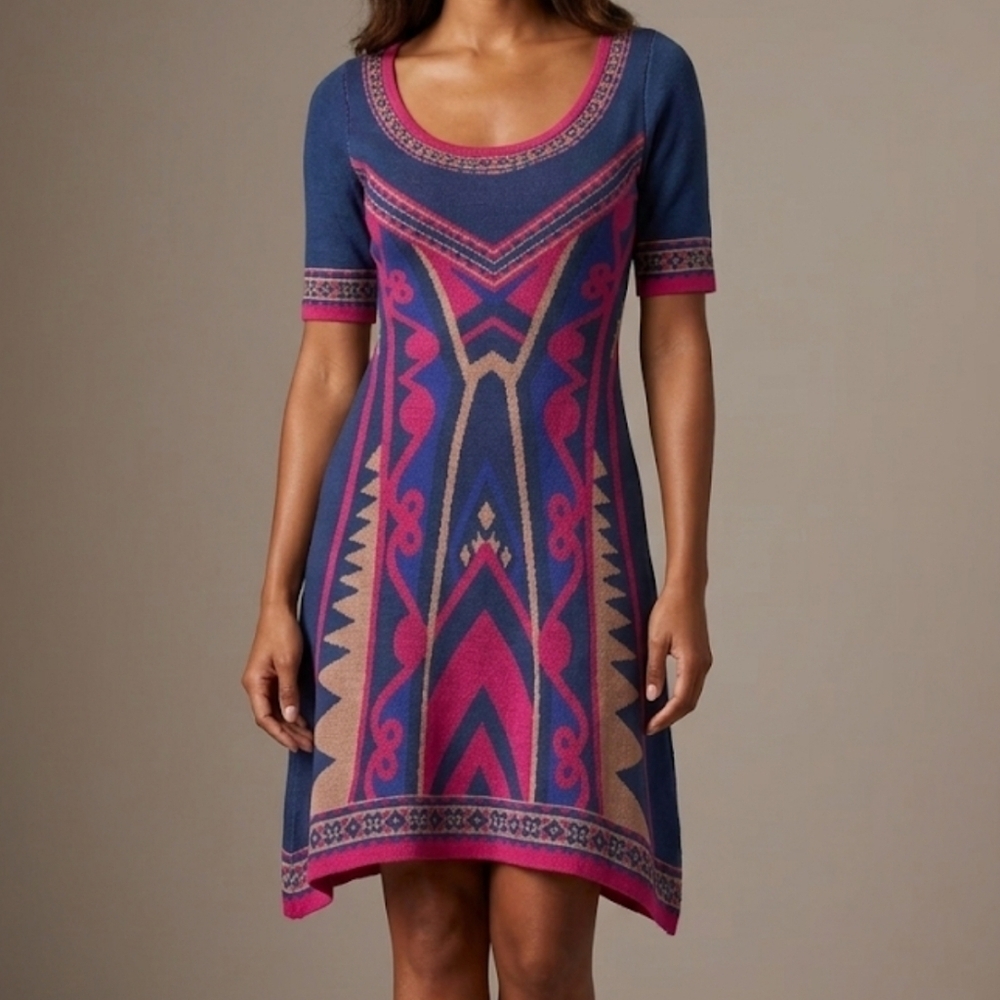 Flying Tomato Aztec Geometric Knit Dress, Boho Chic Southwest Tribal Fit Flare S